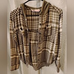 SO Olive Green Plaid Buttoned Up Hooded Shirt